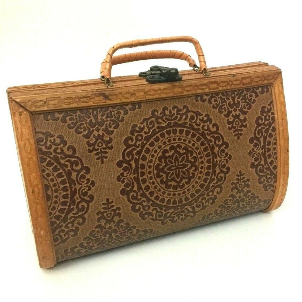 Vintage Wooden Purse Bamboo Handles Brass Latch